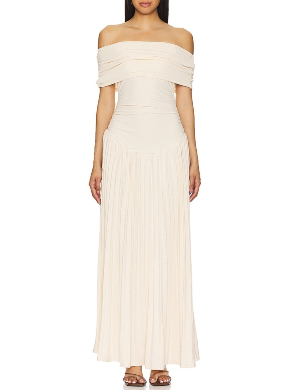 Lioness Off-Shoulder Cream Pleated Maxi Dress